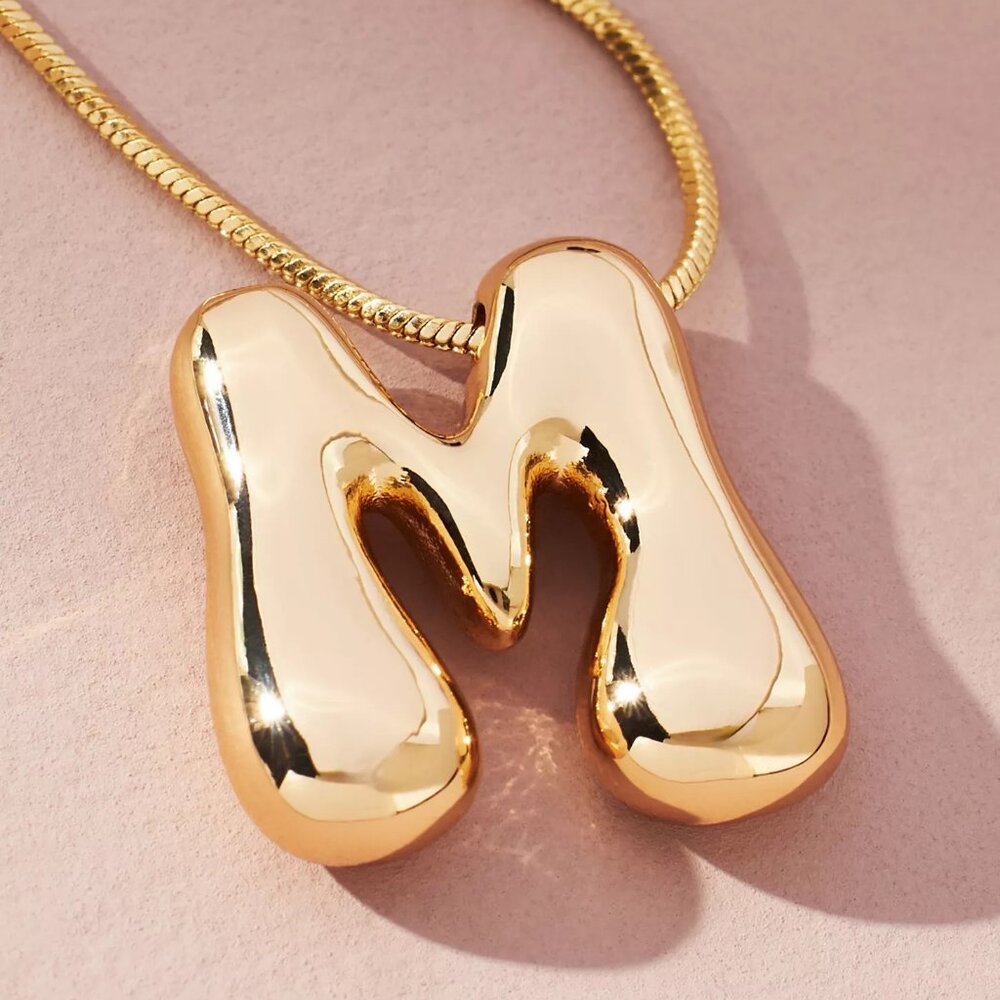 Anthropologie Bubble Letter Monogram Necklace Gold, M